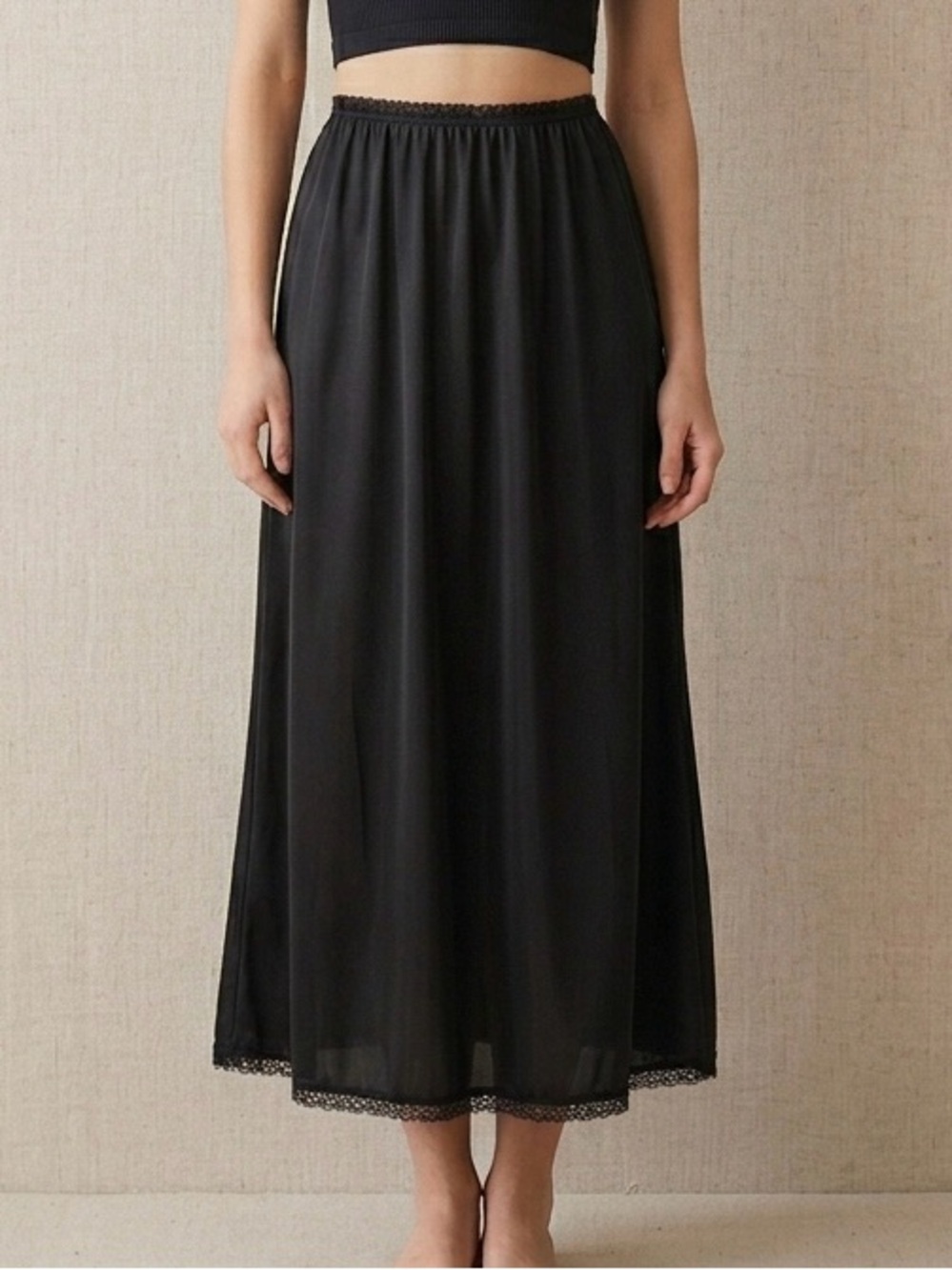 Van Raalte Vintage 70s Black Maxi Long Slip Skirt Lace Trim Size Small Petite